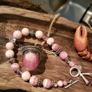 PINK Rhodocrosite Sterling & Swarovski BRACELET *NEW*